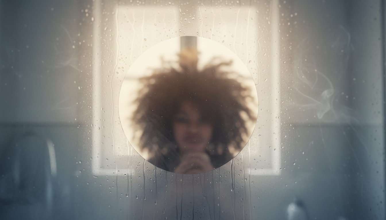 Steamy mirror reflecting voluminous hair after teasing technique