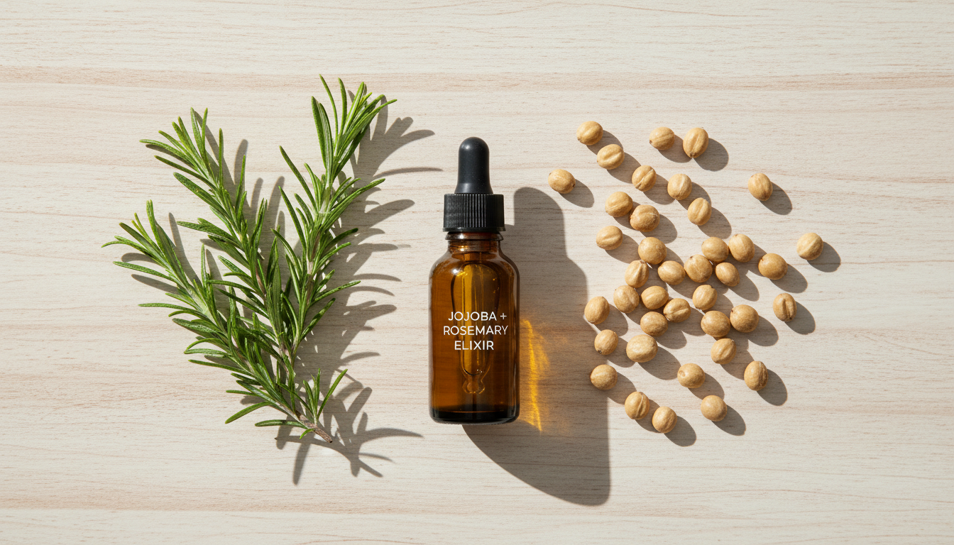 Flatlay of natural oils and herbs for scalp health