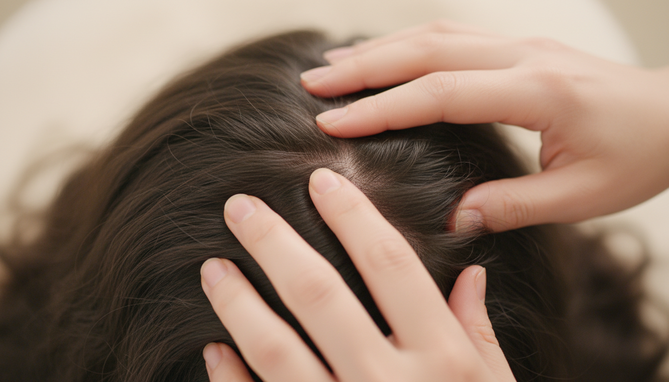 Close-up of fingertips massaging scalp in circular motion