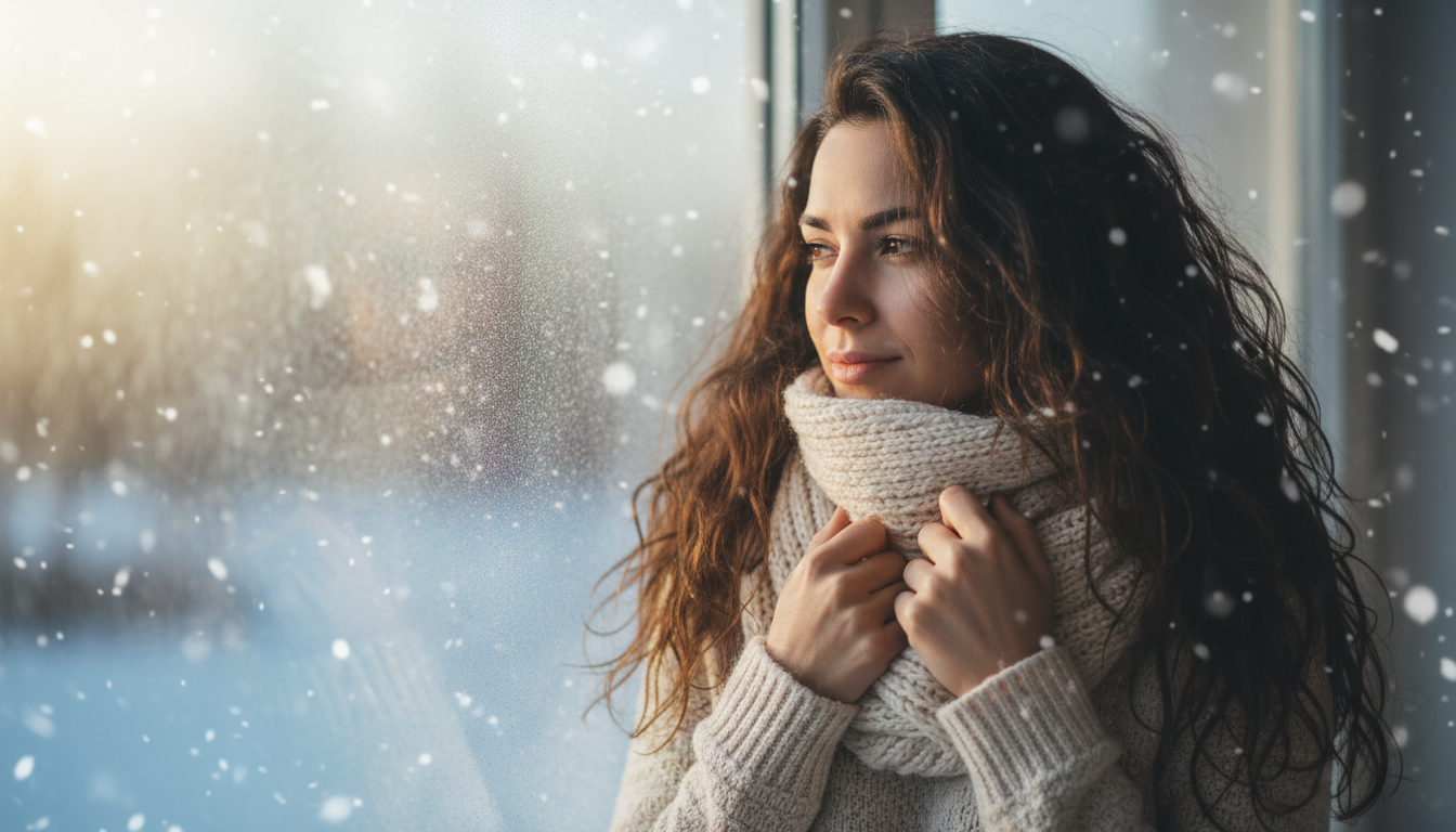 Woman with tousled winter hair by frosty window, embodying seasonal dryness and care needs