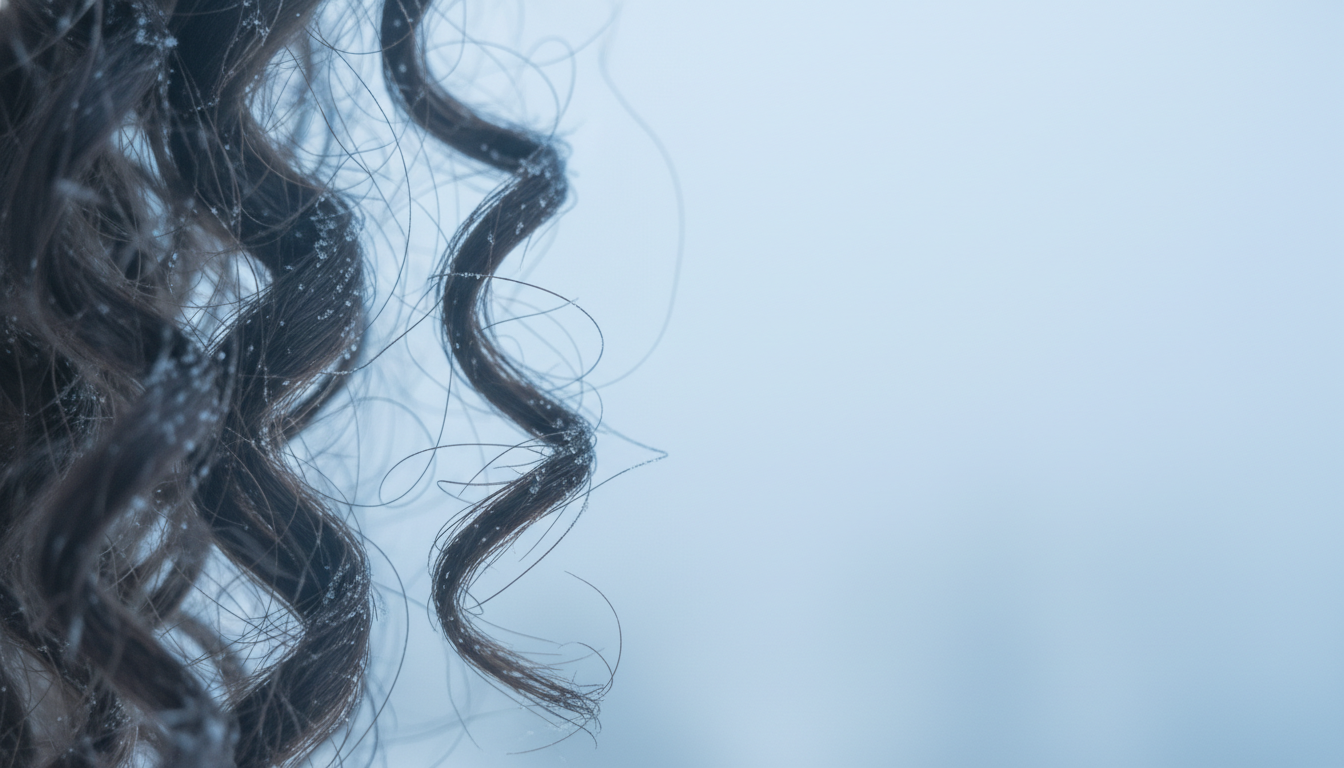 Close-up of dry, brittle hair strands in winter cold, showing texture and frizz