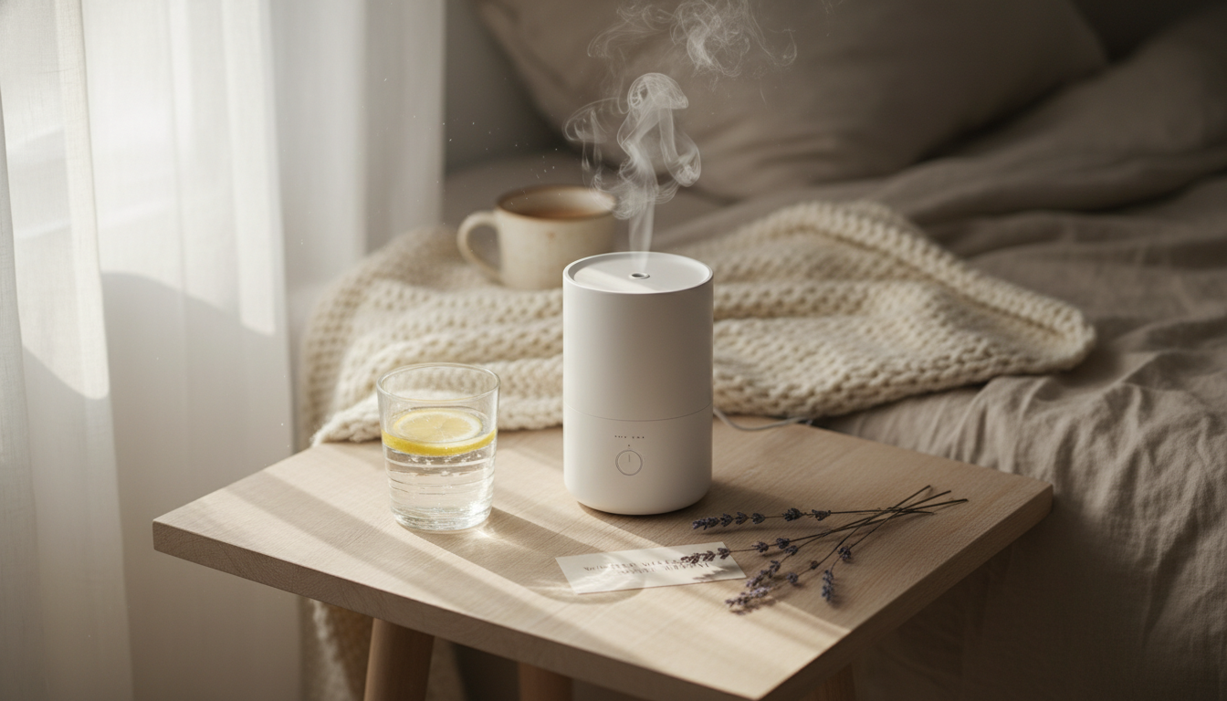 Flatlay of humidifier, water glass, and lavender for combating indoor winter dryness
