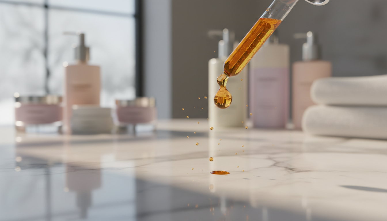 Drop of argan oil falling onto marble, symbolizing winter hair protection