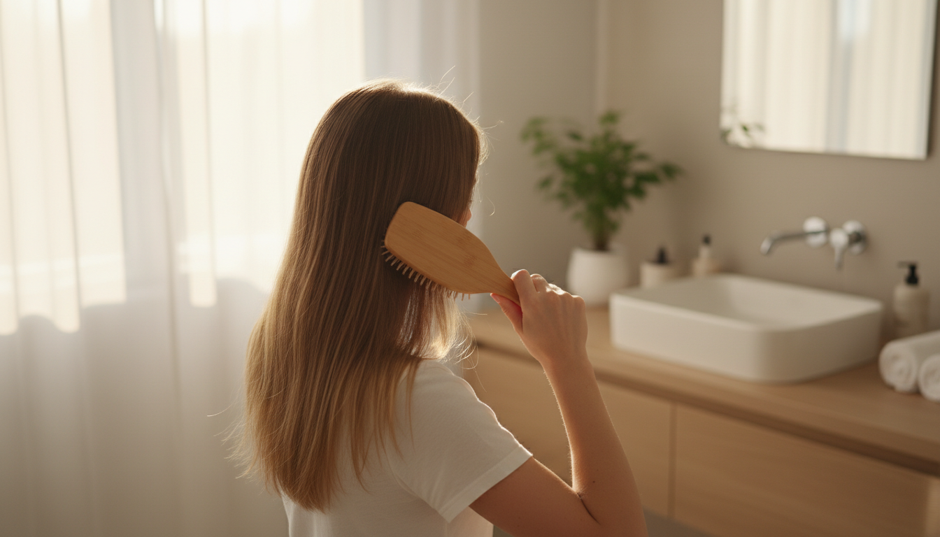 Woman gently brushing thin hair in a sunlit bathroom