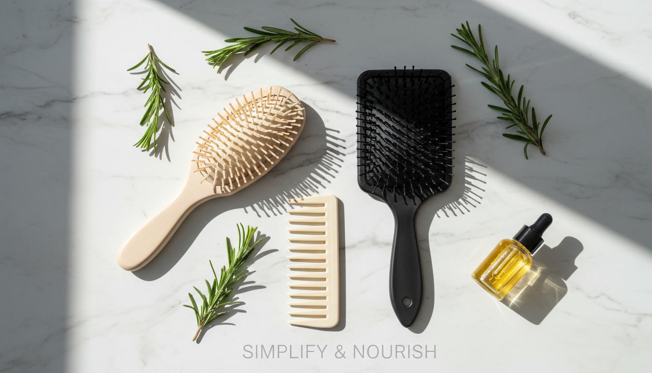 Flatlay of various gentle hair brushes and natural elements