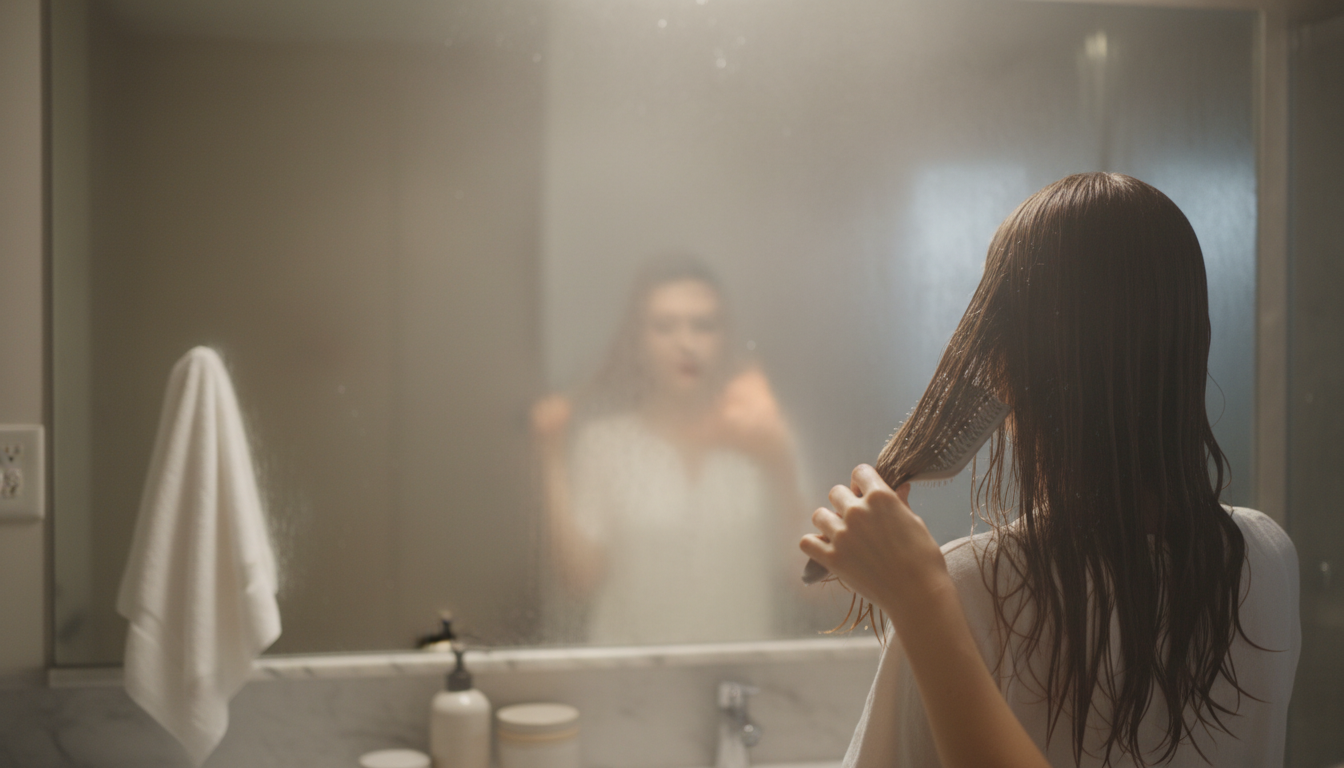 Hands brushing wet hair in steamy bathroom