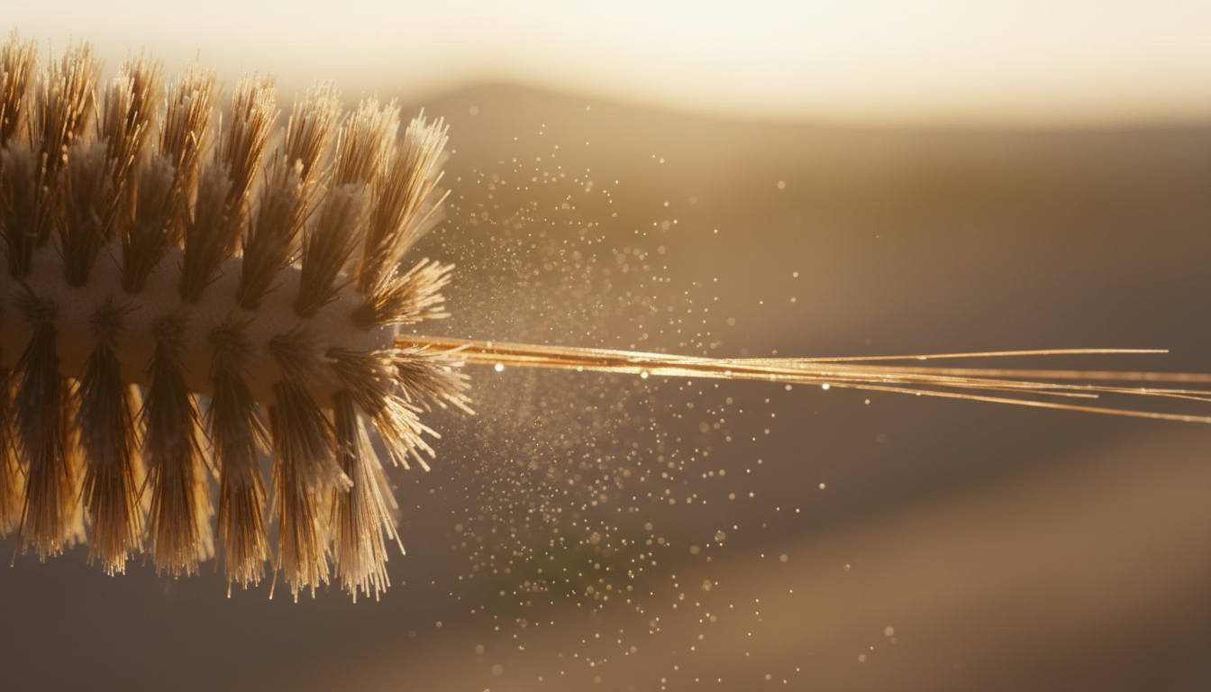 Conceptual close-up of boar bristles and oil distribution on hair