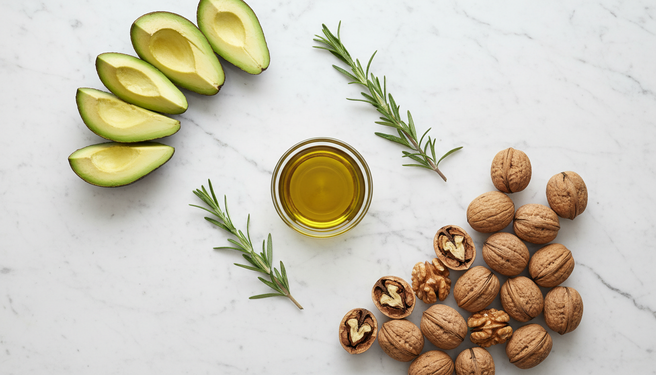 Flatlay of natural protein-rich ingredients for hair health