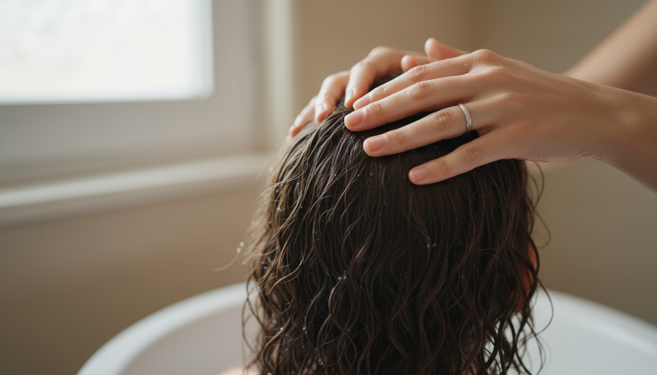 Hands massaging scalp during daily hair care routine