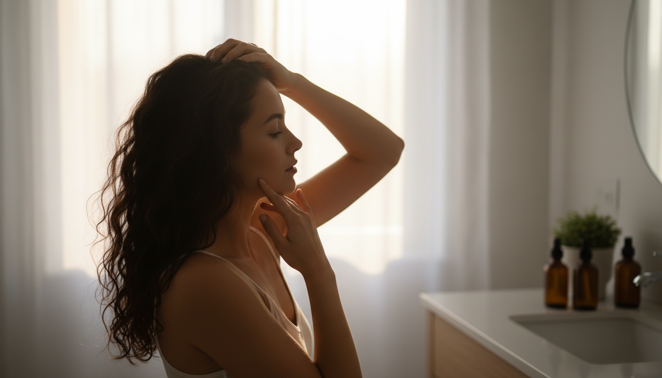 Woman performing gentle scalp massage in sunlit bathroom for morning hair care routine