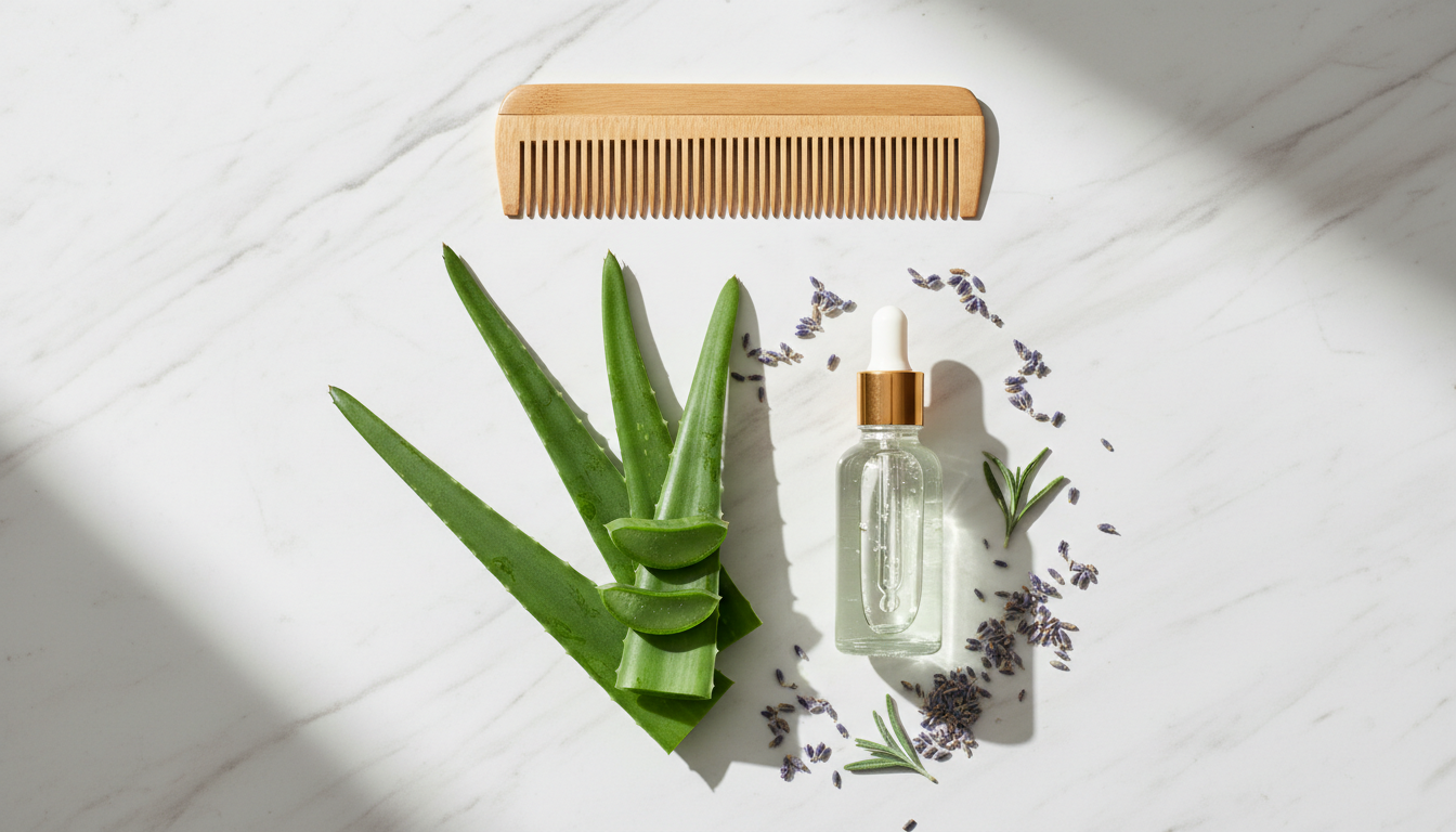 Flatlay of natural ingredients and tools for a basic hair care routine