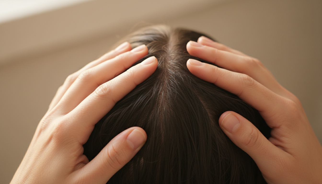 Close-up of hands massaging scalp during morning hair routine