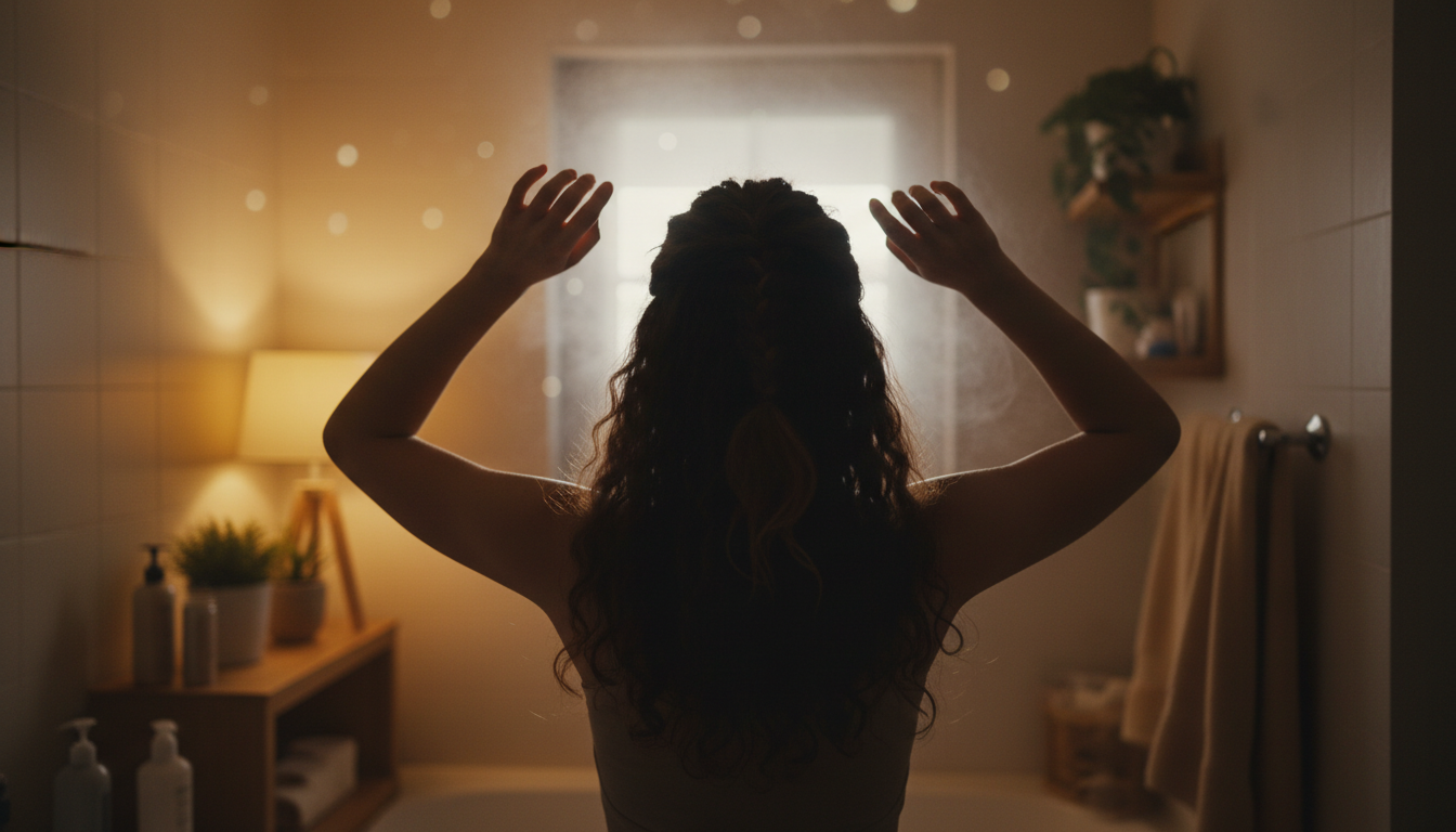 Silhouette braiding hair for protective nighttime routine in bathroom