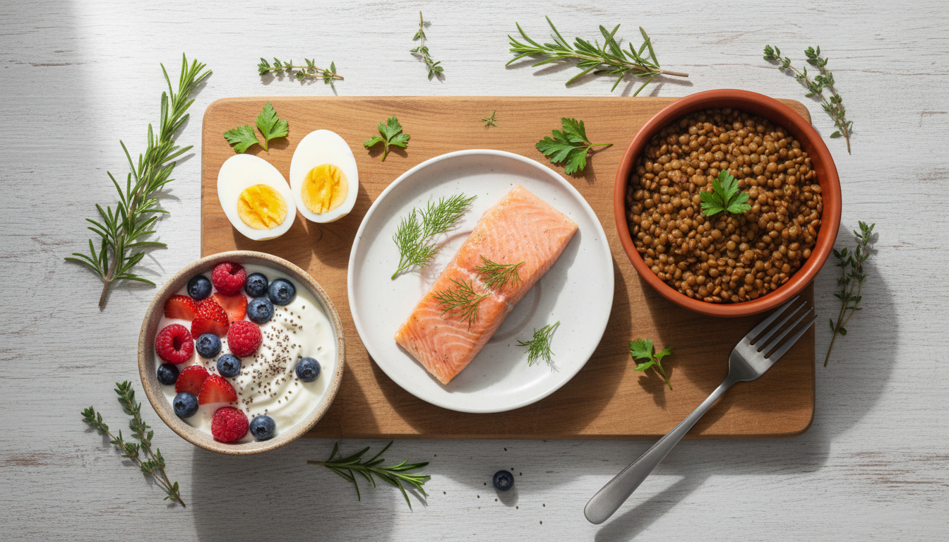 Flatlay of protein-rich foods including eggs, salmon, yogurt, and lentils on wooden surface