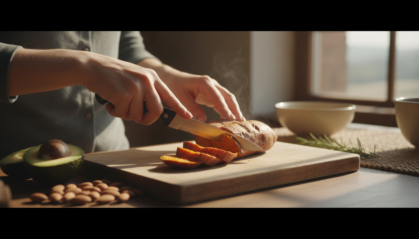 Hands preparing biotin-rich foods like sweet potato, avocado, and almonds in kitchen