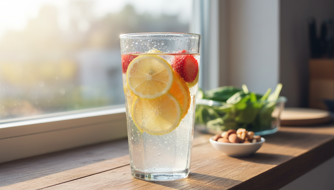 Glass of citrus-infused water with condensation, evoking hydration for hair health