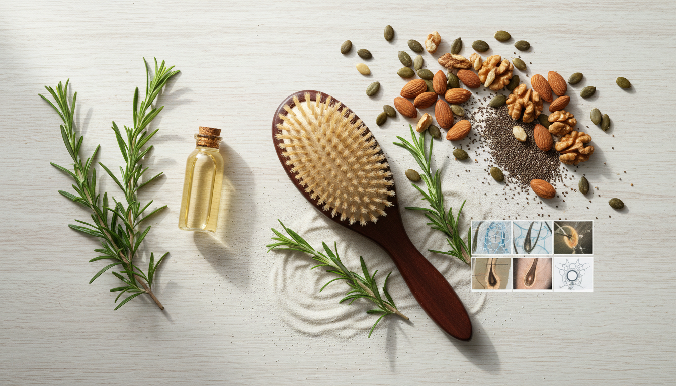 Flatlay of natural ingredients and tools for busting hair growth myths