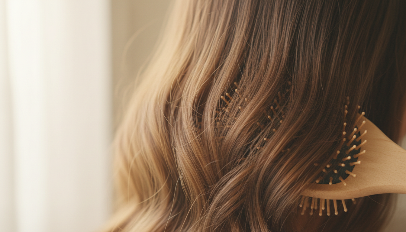 Close-up of gentle hair brushing to promote healthy strands