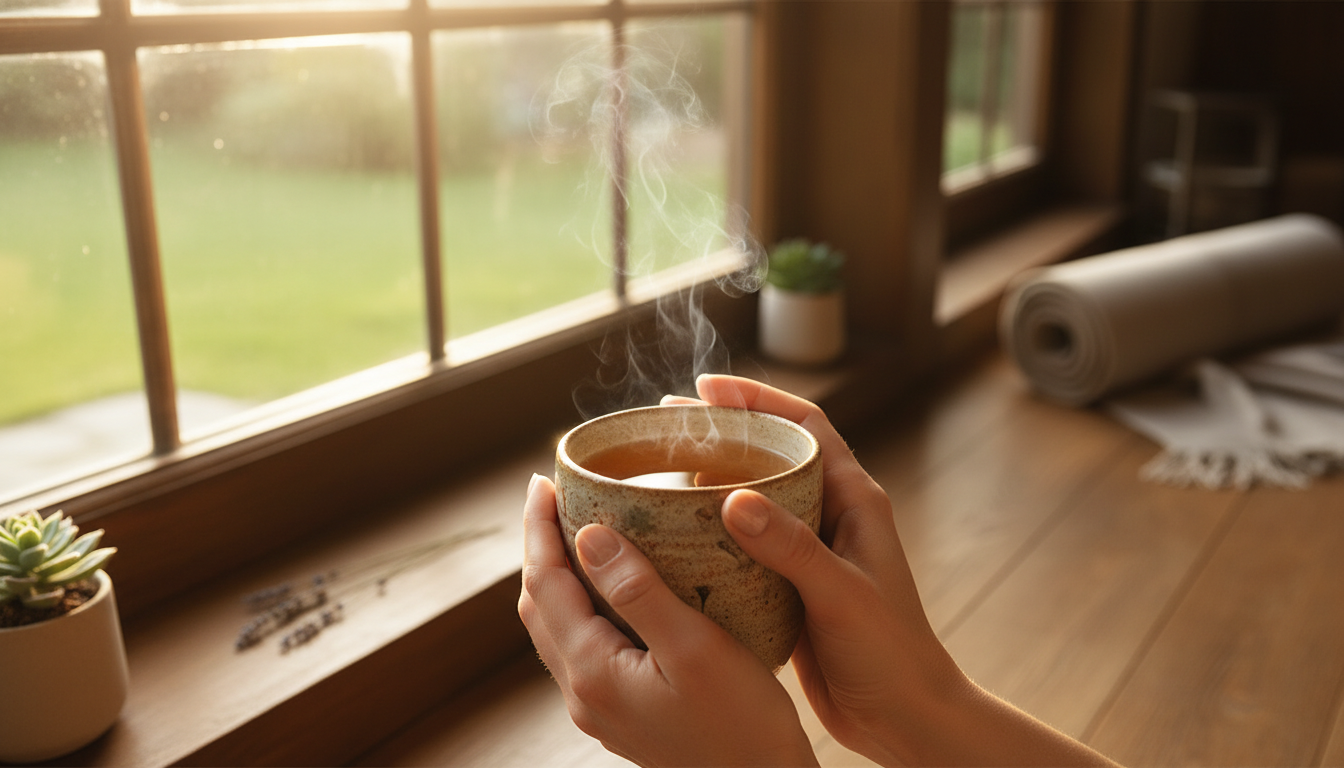 Hands holding tea in a relaxing morning light, illustrating stress management for hair health