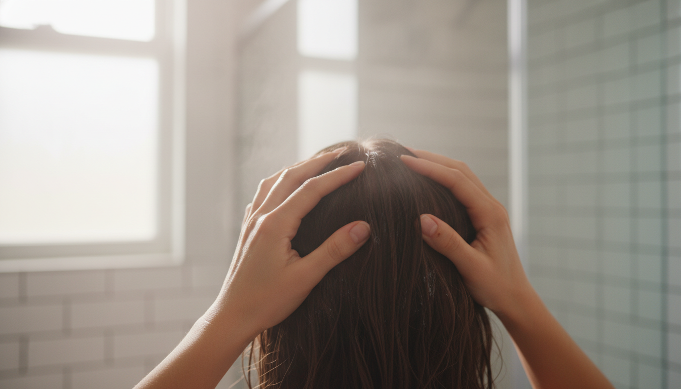Hands massaging scalp in a steamy bathroom for better hair growth