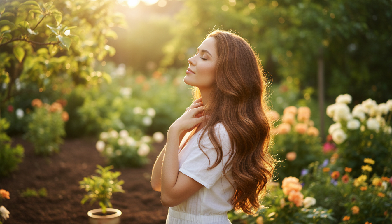 Woman with healthy, shiny hair in a sunlit garden, symbolizing scalp care as foundation for hair growth