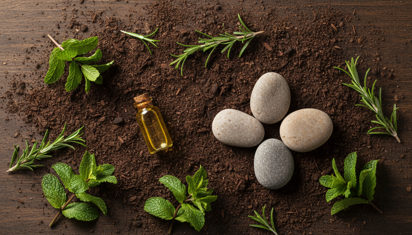 Flatlay of natural herbs and oils on earthy surface, representing scalp as healthy soil for hair