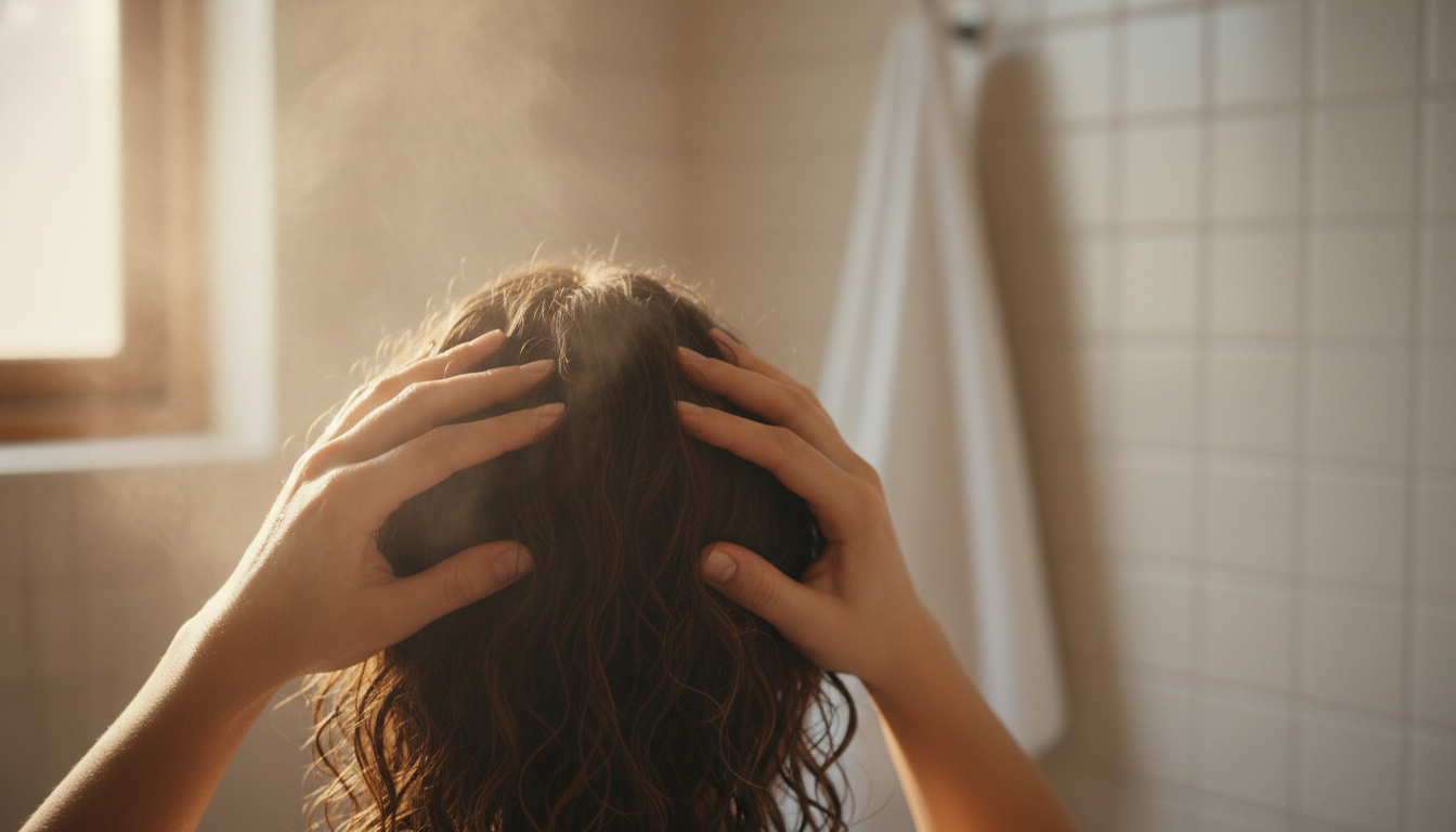 Hands massaging scalp in a steamy bathroom, demonstrating daily care routine