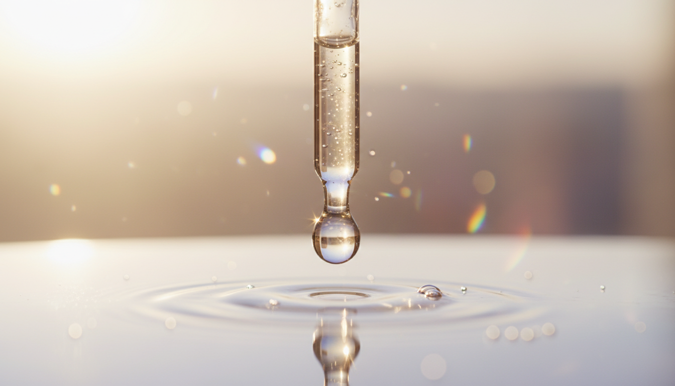 Drop of serum mid-air, representing targeted scalp treatment application