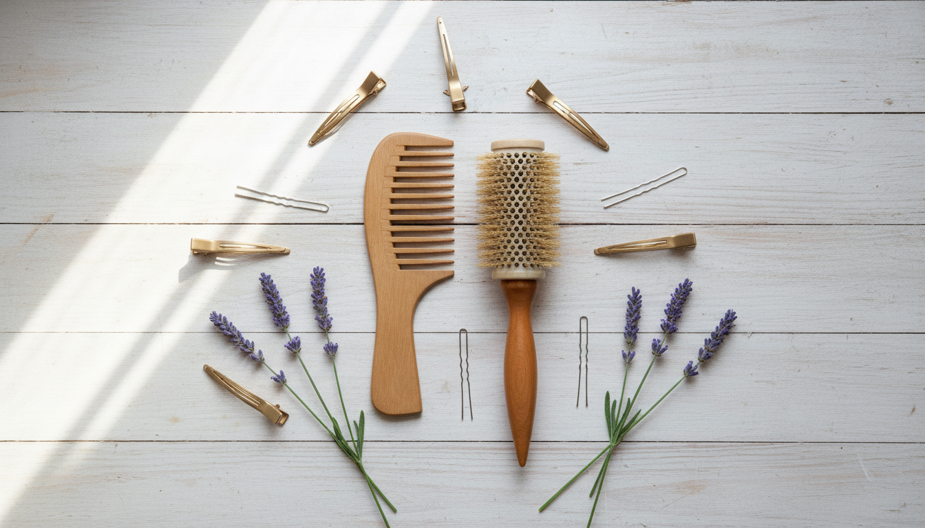 Flatlay of hair styling tools for shoulder-length cuts