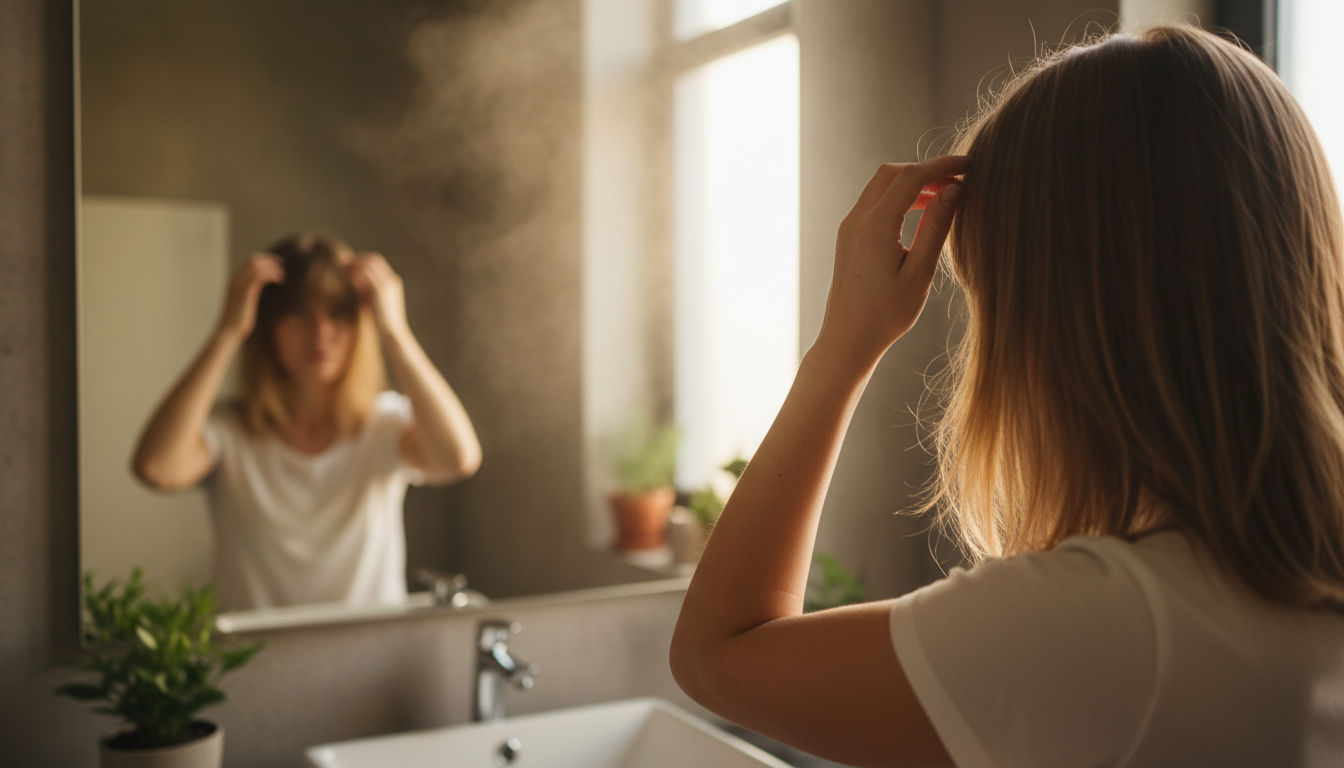 Hands styling side-swept bangs in a steamy bathroom mirror