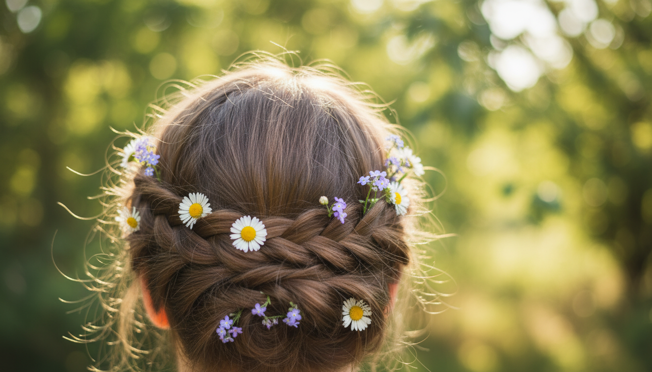 Conceptual close-up of braided half-up hairstyle with volume