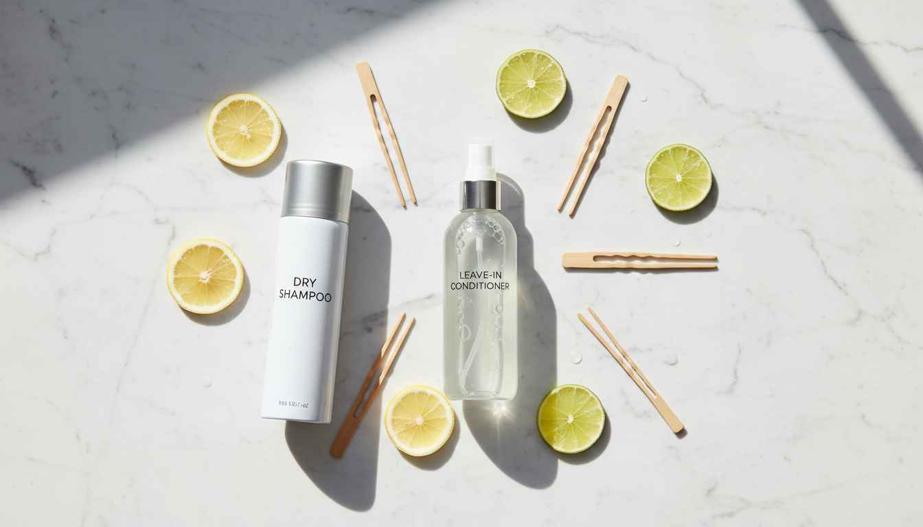 Flatlay of morning hair care products on marble surface