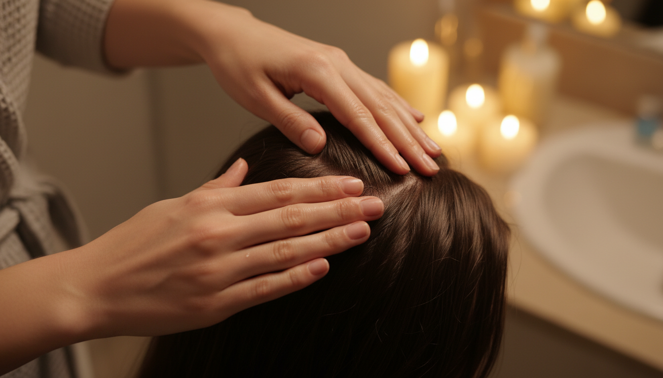 Hands massaging serum into scalp during evening routine