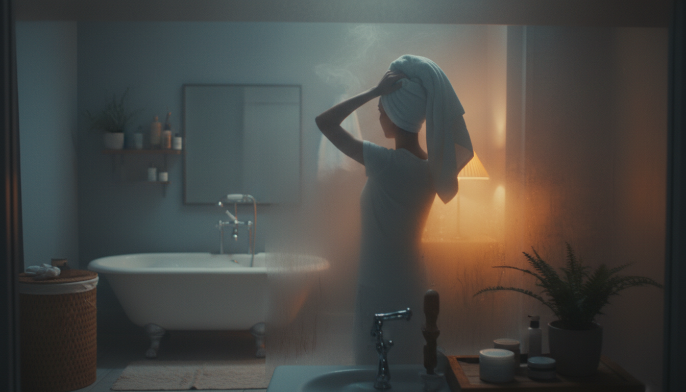 Silhouette in steamy bathroom preparing for evening hair serum