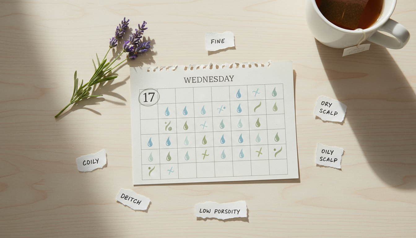 Flatlay of calendar planning hair washing routine with natural elements