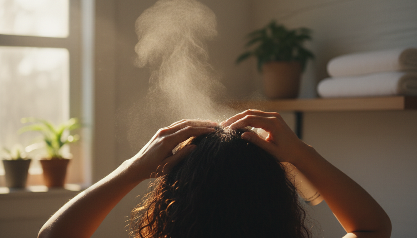 Hands massaging dry shampoo into hair roots in a bathroom setting